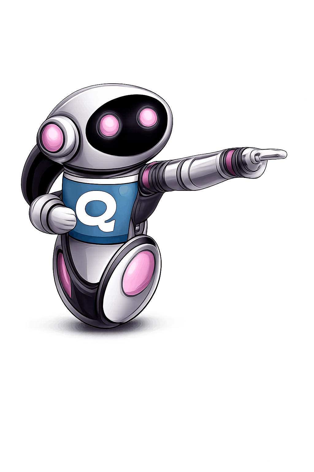 AI Business Q&A question assistant robot mascot guiding users to the Ask button, encouraging discovery and unique questions